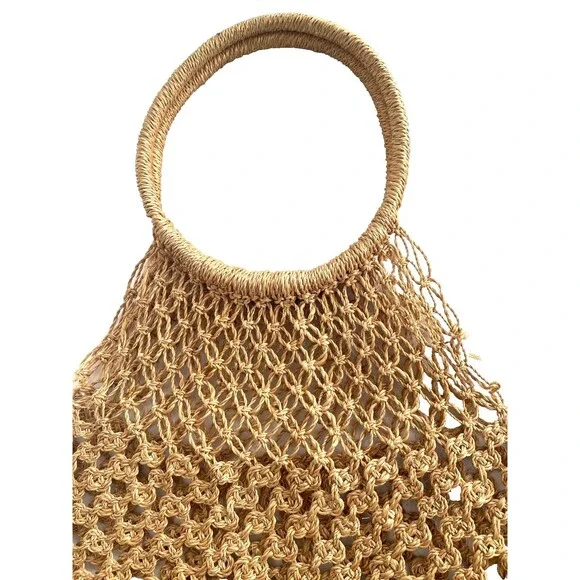 MANGO Shopper Bag Crochet Mesh Net Braided Jute Tote XL Handbag Brown Ltd Editio - Picture 12 of 14